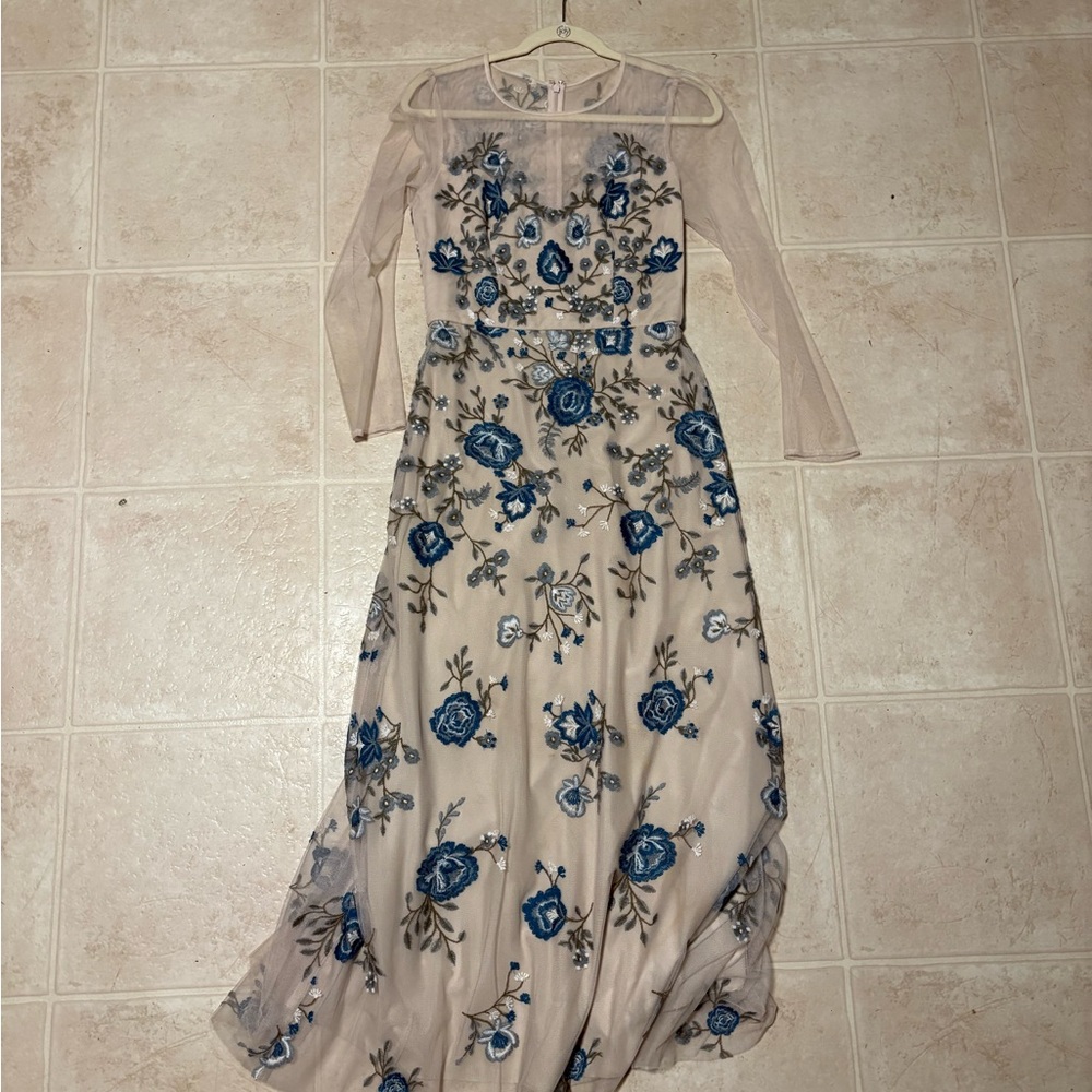 BCBGMaxAzria Sheer Long Sleeve Dress with Blue Floral Embroidery